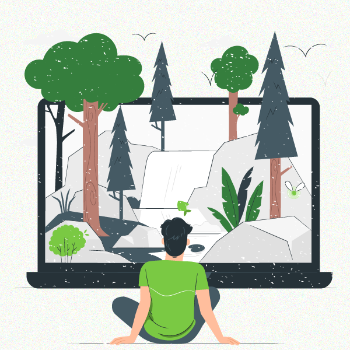 Illustration of someone in front of laptop with landscape going oustide of the screen